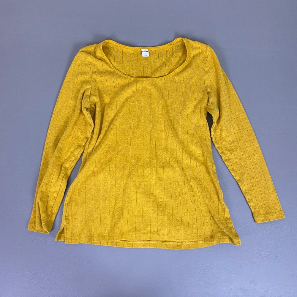 Old Navy Top Women's Size Large Yellow Textured Ribbed Long Sleeve Scoop Neck